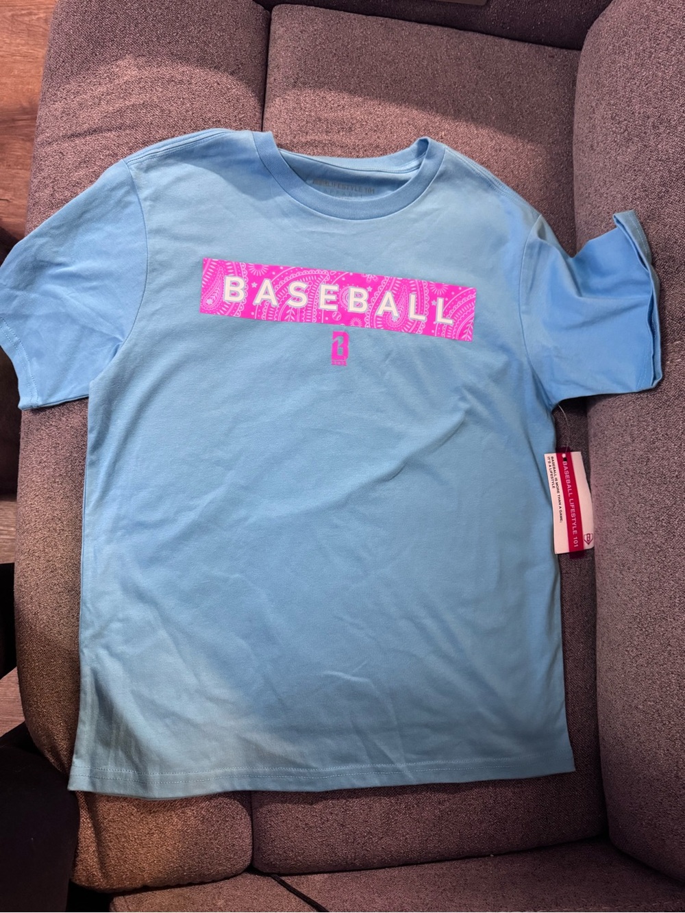 Kids' Light Blue Short-Sleeve Baseball Tee with Pink Graphic